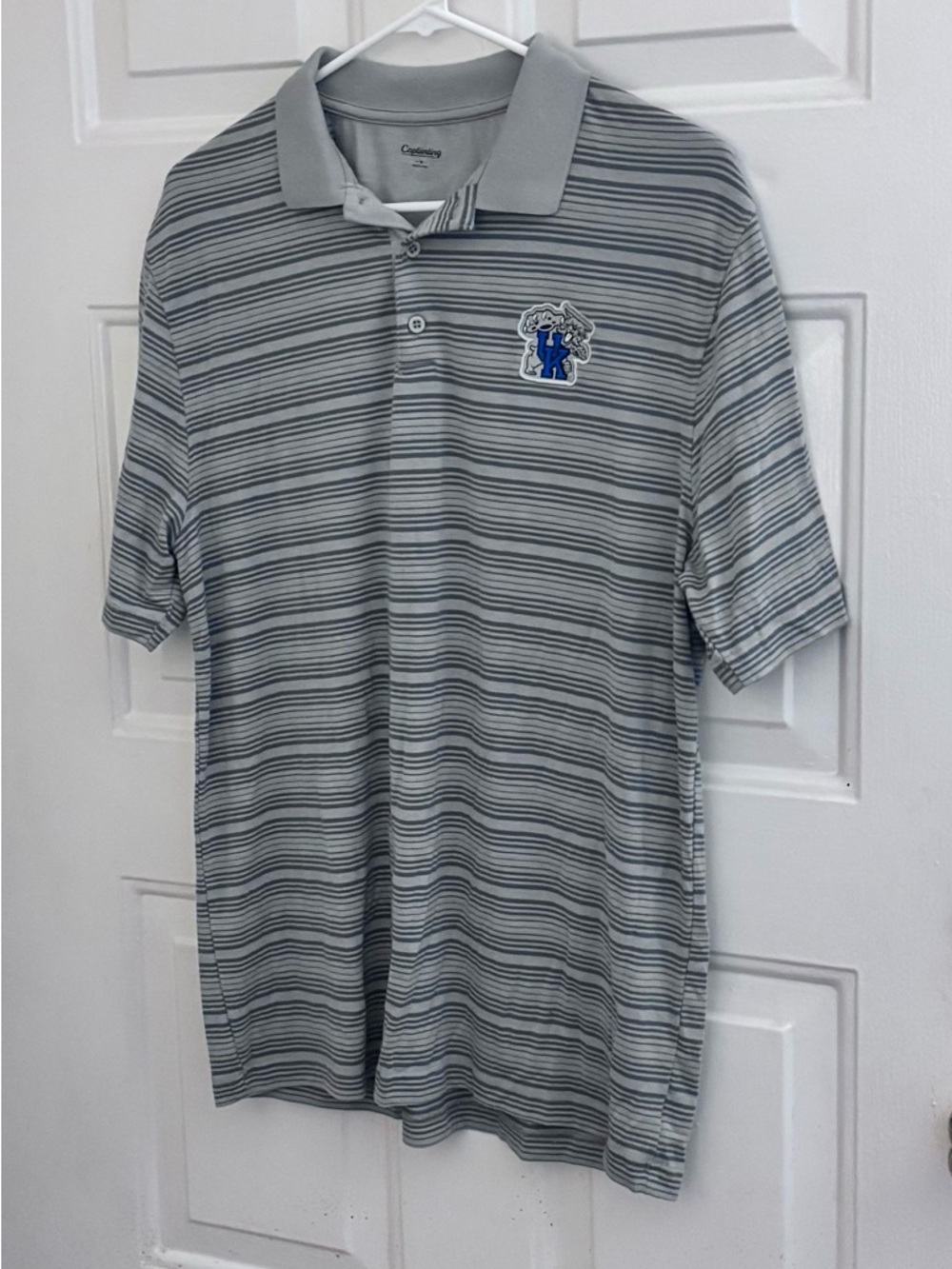 Men's Striped Gray Polo with Embroidered University of Kentucky Crest
